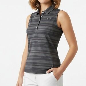 Nike Golf Women Dri-FIT Sleeveless Polo Shirt Gray Striped Active Medium M 8-10